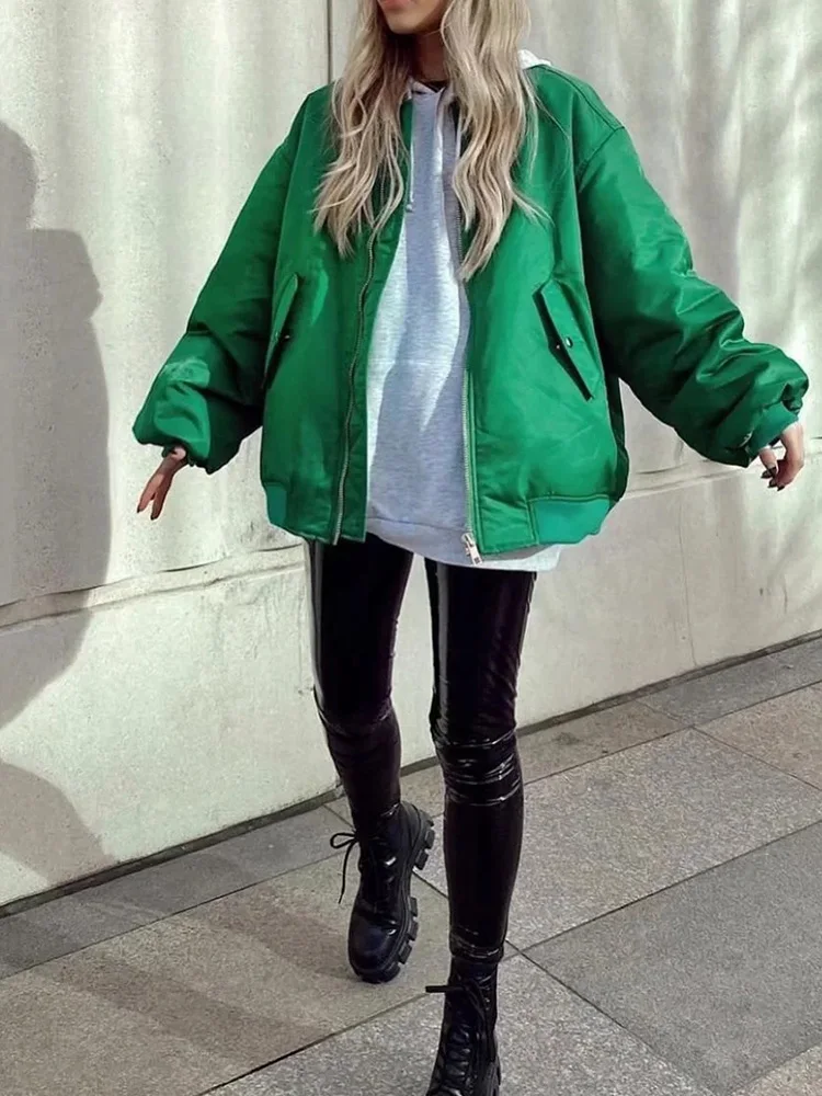 Traf Women Bomber Jackets Green Puffer Coats Female Parka Jacket Oversized Winter Coats Women Bf Padded Parka Chic Streetwears