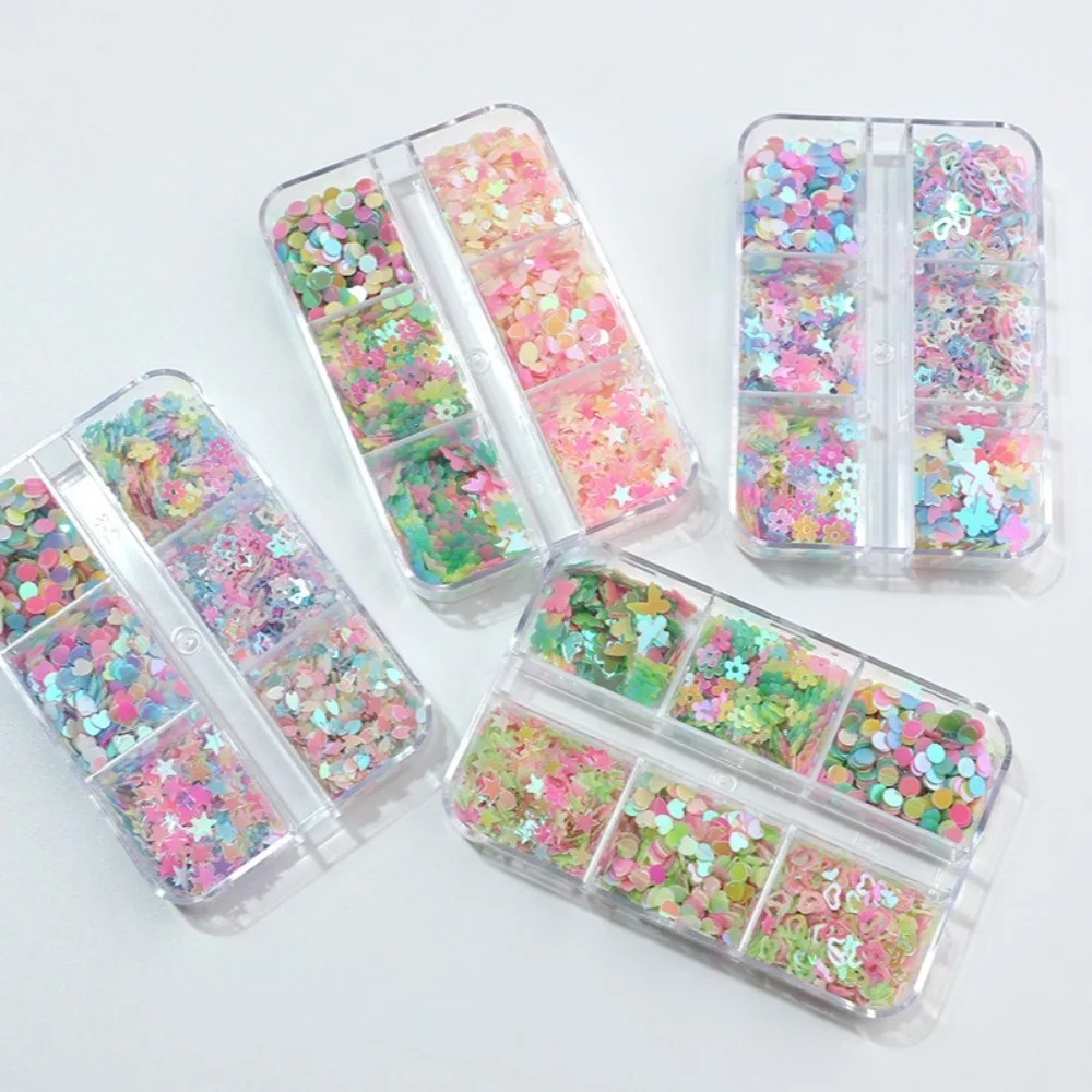 6 grades/conjunto prego glitter lantejoulas flor brilhante borboleta coração prego glitter decalques para meninas diy manicure decoração da arte do prego