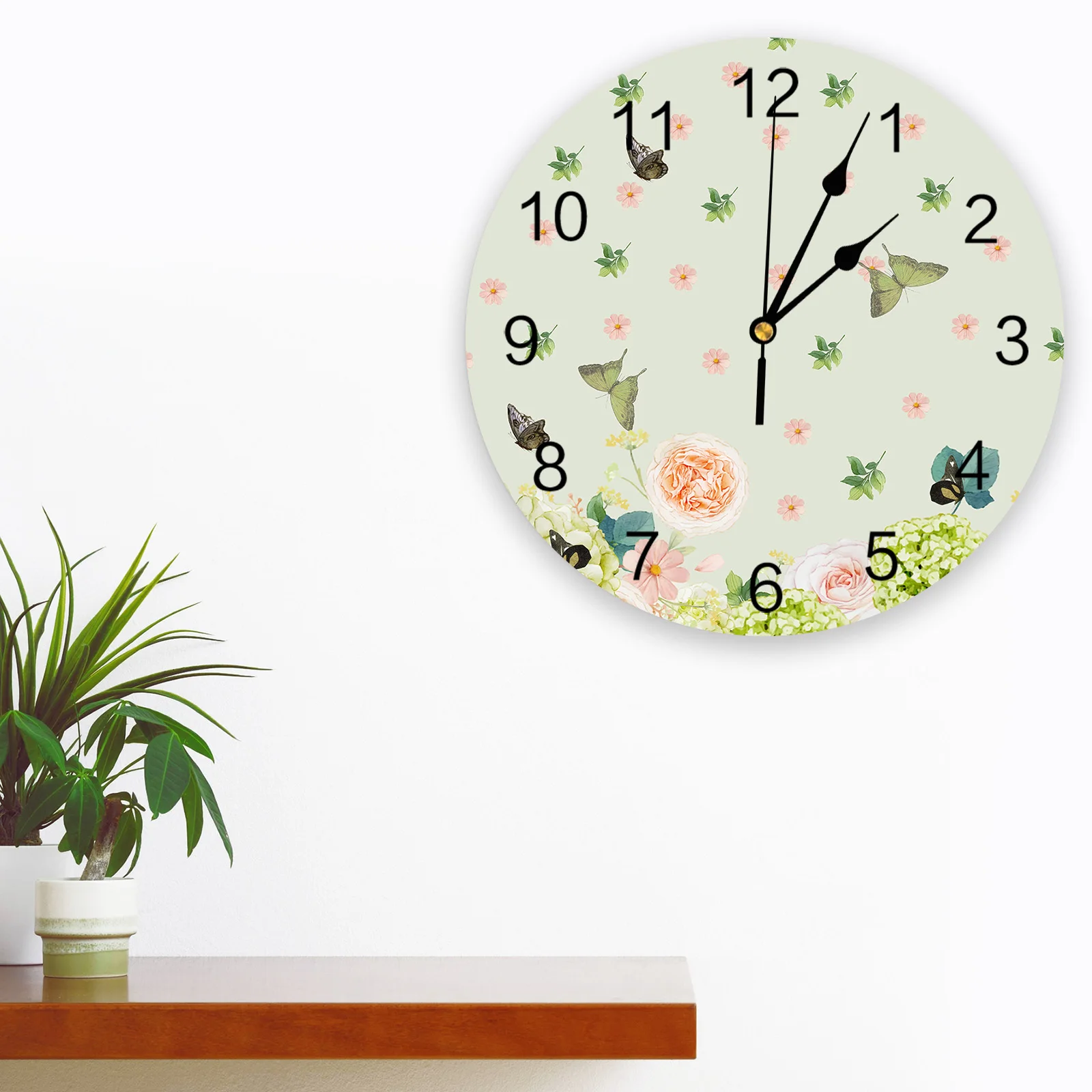 Plant Flower Butterfly Illustration Green Printed Wall Clock Modern Silent Clock Living Room Home Decor Wall Hanging Watch