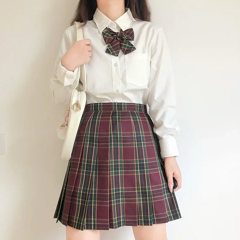 

Sexy JK Uniforms Japanese College Style Uniform Shirt School Girl Uniform High Waist A-line Plaid Skirt Summer Woman Full Set