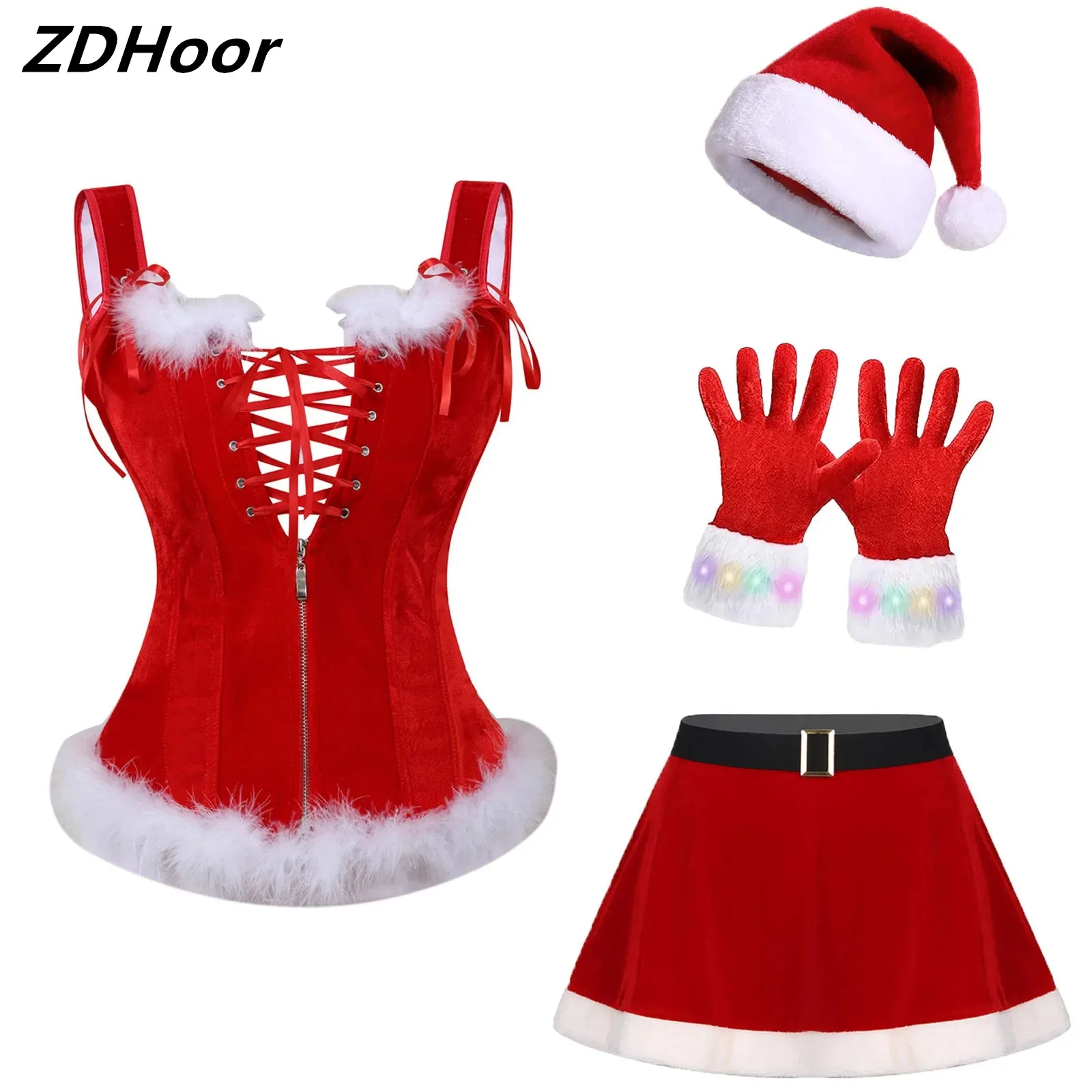 

Womens Christmas Costume Set Corset Bustier Tops with Elastic Waistband Skirt And Hat Gloves for Cosplay Role Play Theme Party