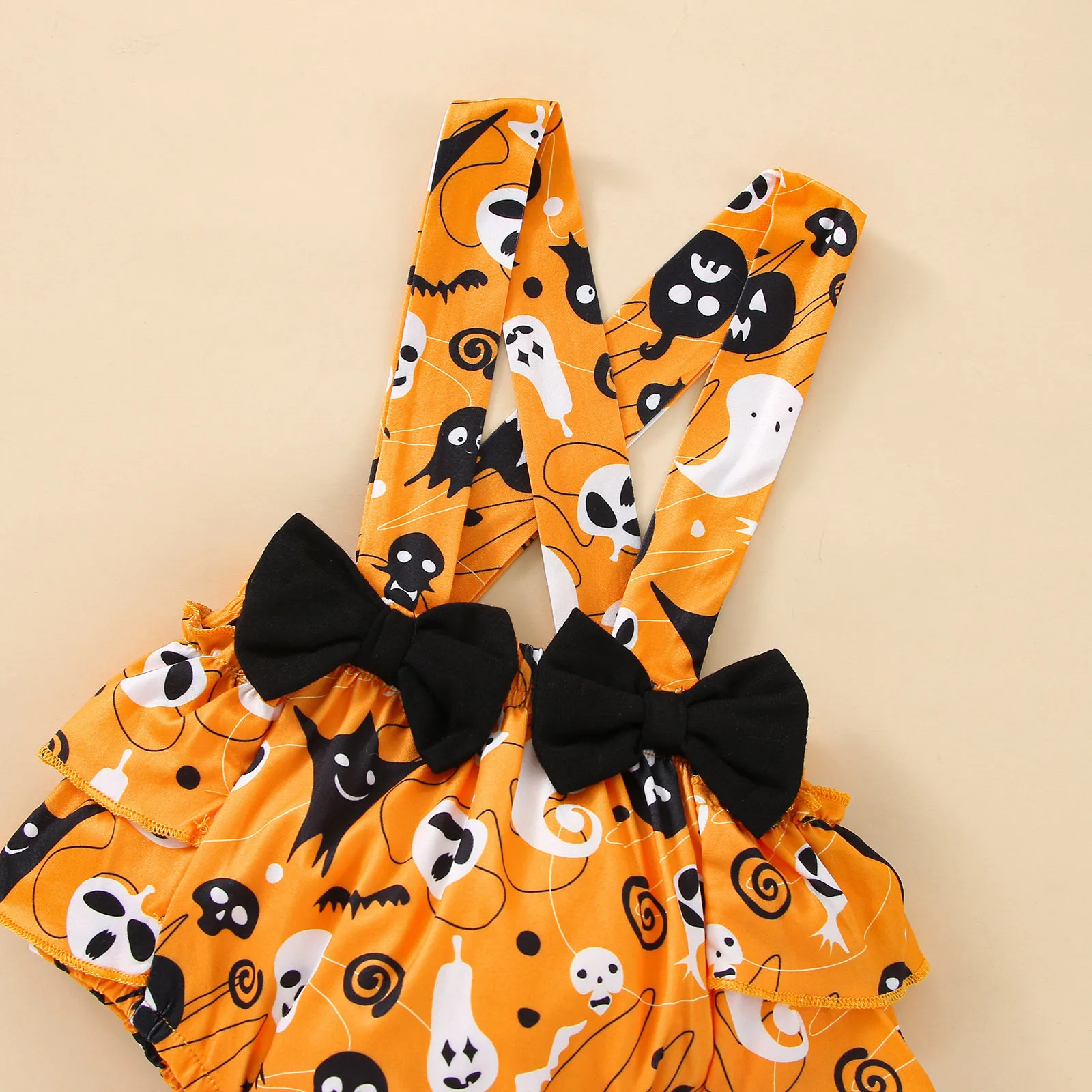 3Pcs Infant Girls Clothes Sets Pumpkin Print Long Sleeve Tops+Suspenders Shorts+Headbands My First Halloween Costume 3 6 12 18M