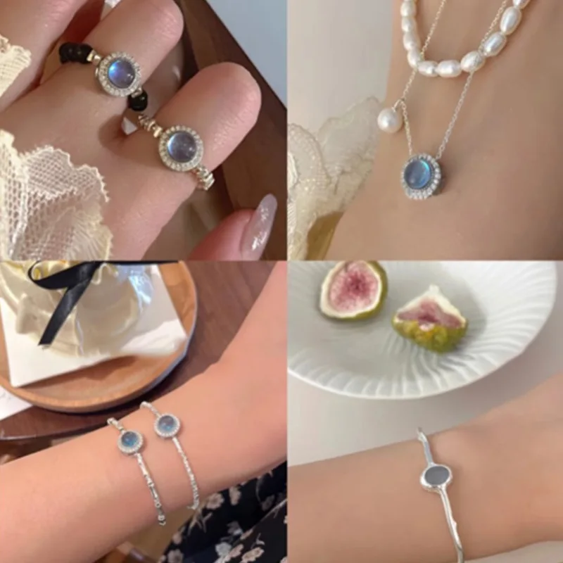 PANJBJ 925 Sterling Silver Blue Crystal Rings For Women Pearl Bead String Design Sweet Elastic Jewelry Gift Dropshipping