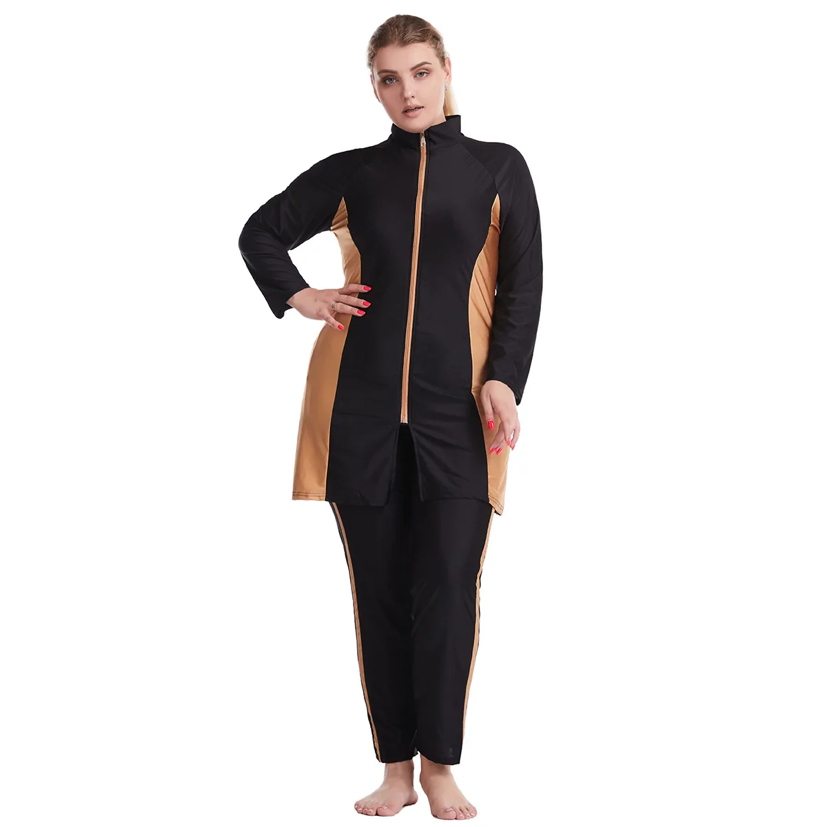 

6XL Plus Size Burkini Muslim Woman Loose Swimsuit Full Covered Contrast Zippered Placket Fat Conservative 3PCS Swimwear Hijab