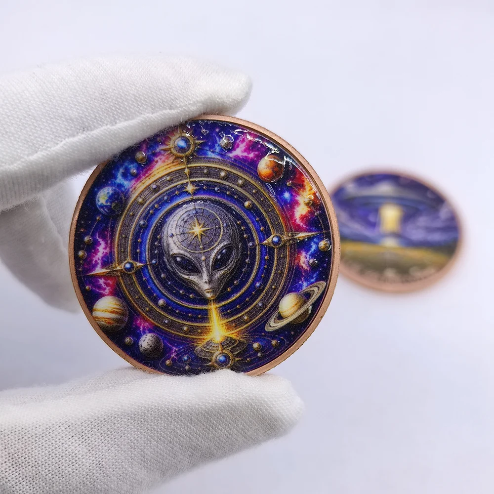Alien 1 OZ .999 Pure Copper Commemorative Coin Color Print Alien UFO Solar System Planet Sci-Fi Metal Collectible Decor Gift