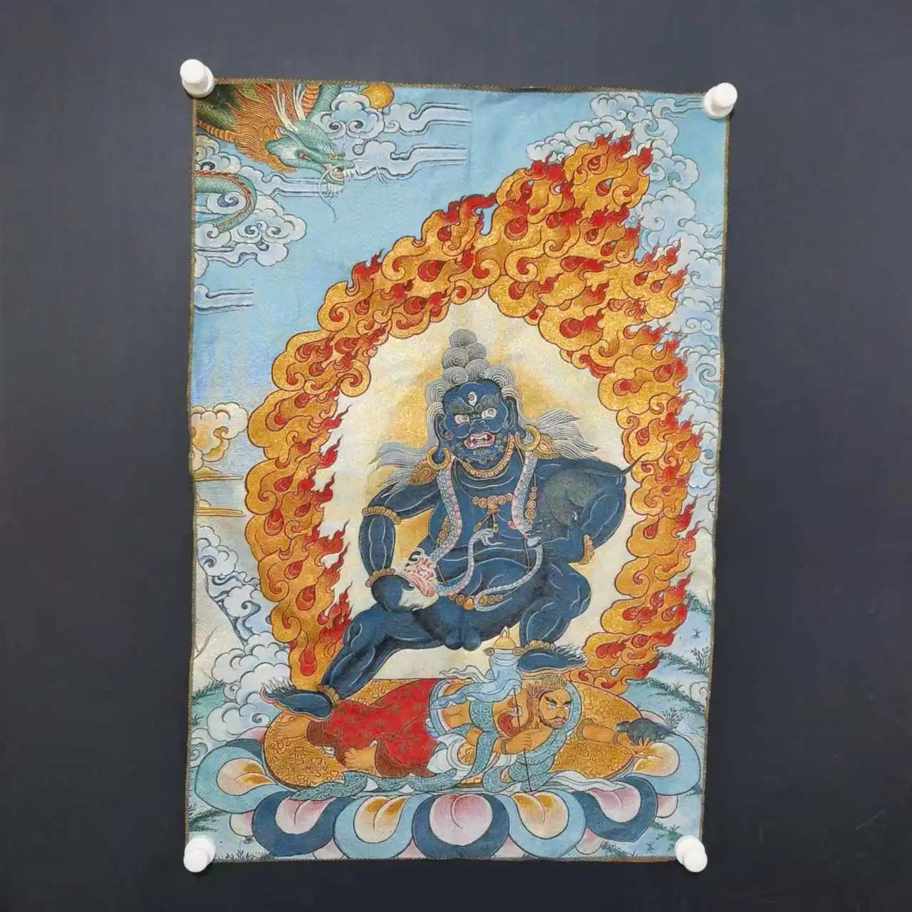 

35"Thangka Embroidery Tibetan Buddhism silk brocade Black Jambhala Diamond King Buddha Thangka hanging screen Worship Hall