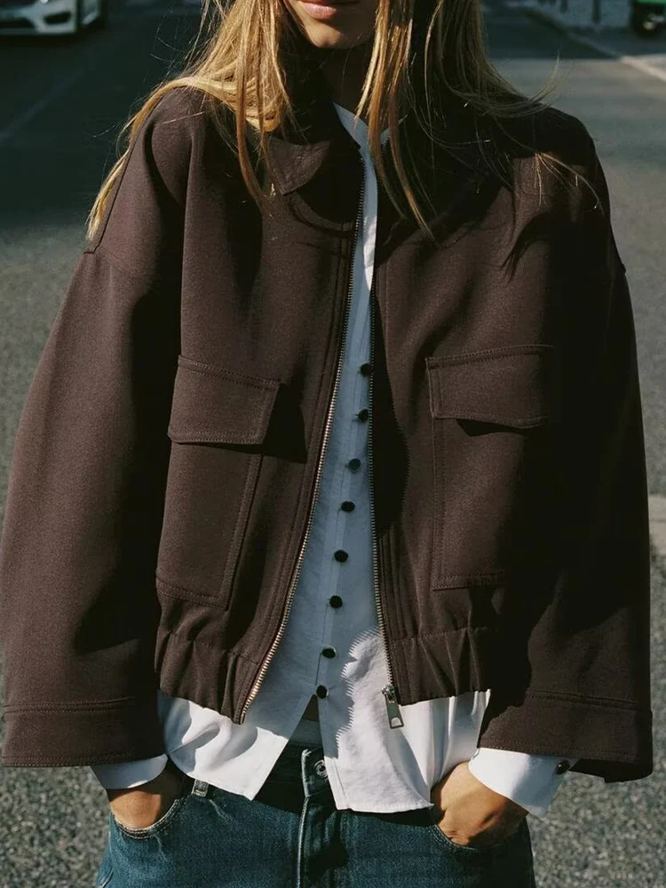 

European and American style autumn new fashion trend women's clothing lapel loose pocket long sleeve jacket