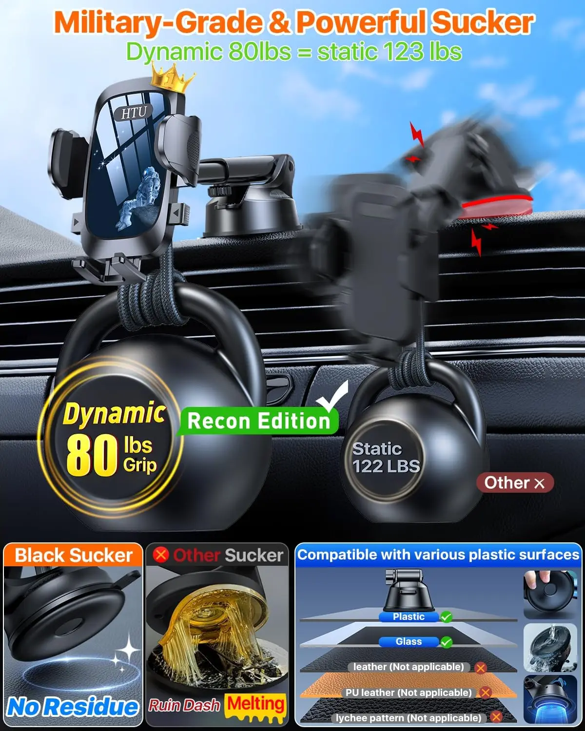 2025 최강 차량용 핸드폰 거치대, 80+파운드 강력한 흡착력 및 군사 등급 대시보드/윈드실드/에어벤트 마운트, 블루 2개