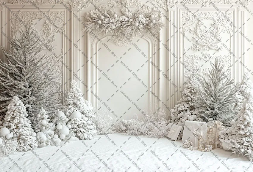 Mehofond Fotografie Hintergrund Winter Weihnachten Weiß Panel Wand Schnee Kiefer Kinder Familie Porträt Dekor Hintergrund Foto Studi
