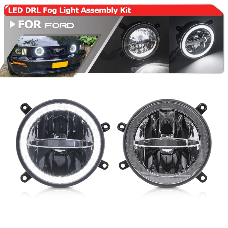 2-in-1 Led DRL Halo Ring Driving Fog Light Assembly Kit For Ford Mustang Gen5 2005-2009 Center Hood Grille Auto Parking Daylight