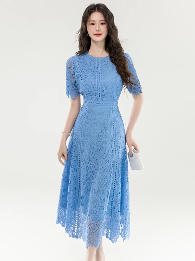 อารมณ์ Vintage Holiday Lace Hollow Out ชุดราตรีสําหรับสตรีฤดูร้อน Slim Elegant แขนสั้นชุดยาวเสื้อผ้าหญิง