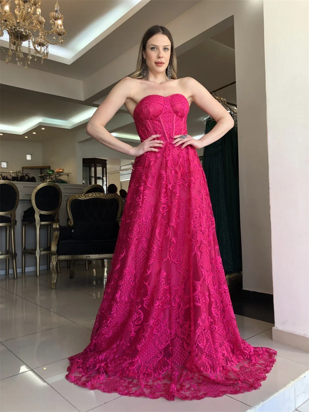 Sansa Sexy Strapless Prom Dress Luxury Lace Embroid A-line Vestidos De Noche Fuchsia Floor Lenght فساتين سهره فاخره  2023