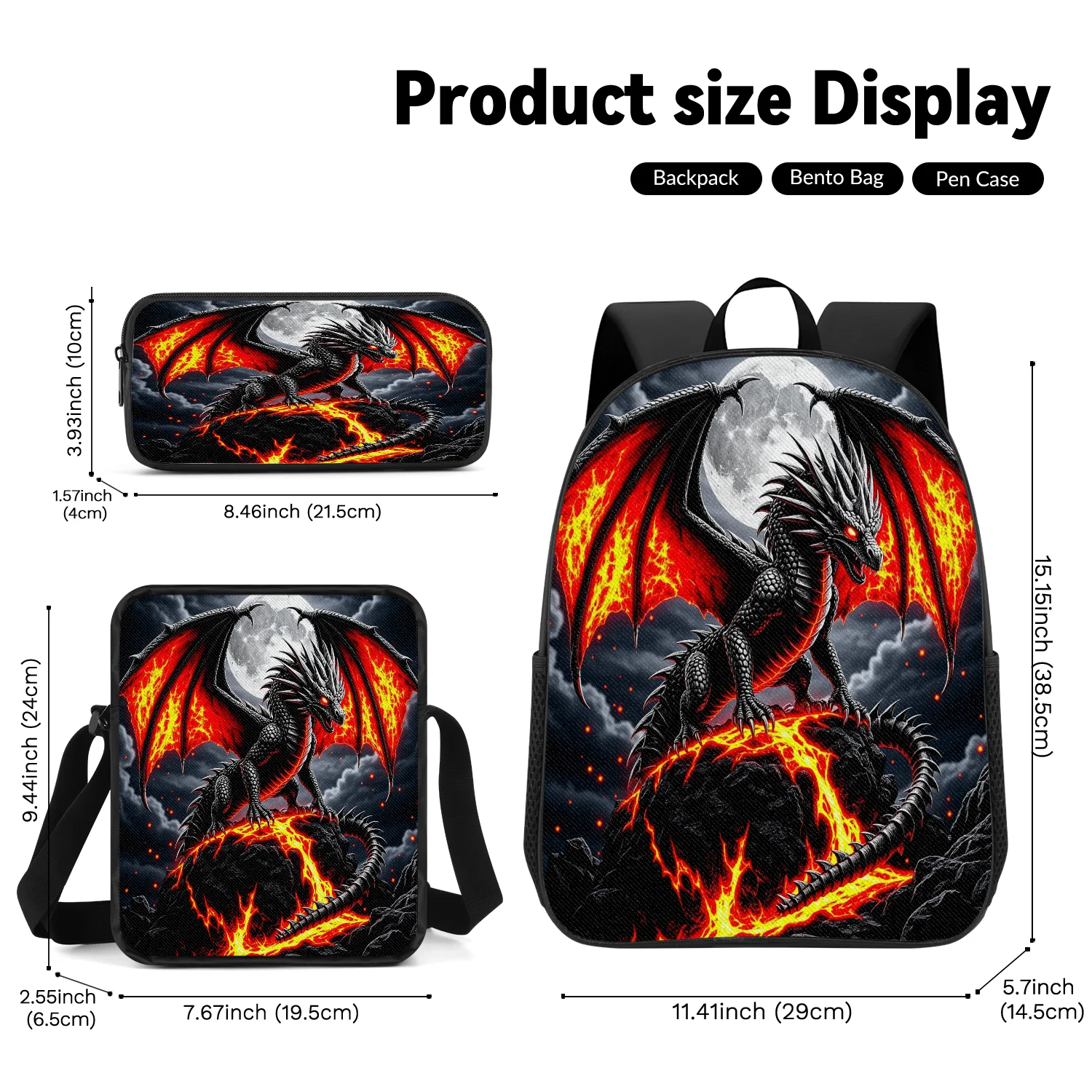 3-Piece Fire Dragon Moon Print Backpack Set, Includes Backpack, Crossbody Bag and Pencil Case, Lightweight Unisex