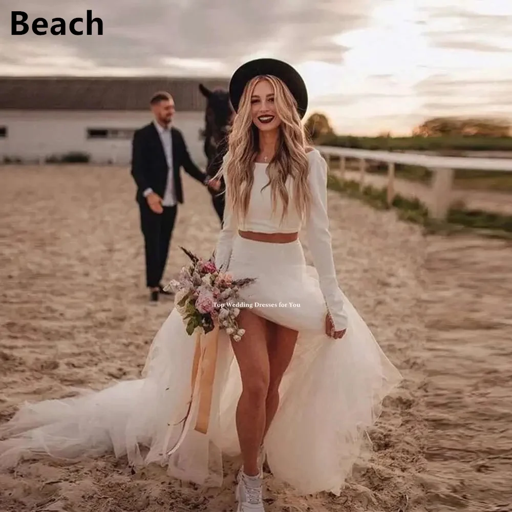 Vestido de novia bohemio de tul de manga larga, traje de sirena con cuello de barco, longitud hasta el suelo, Princesa de playa, matrimonio, 2 piezas