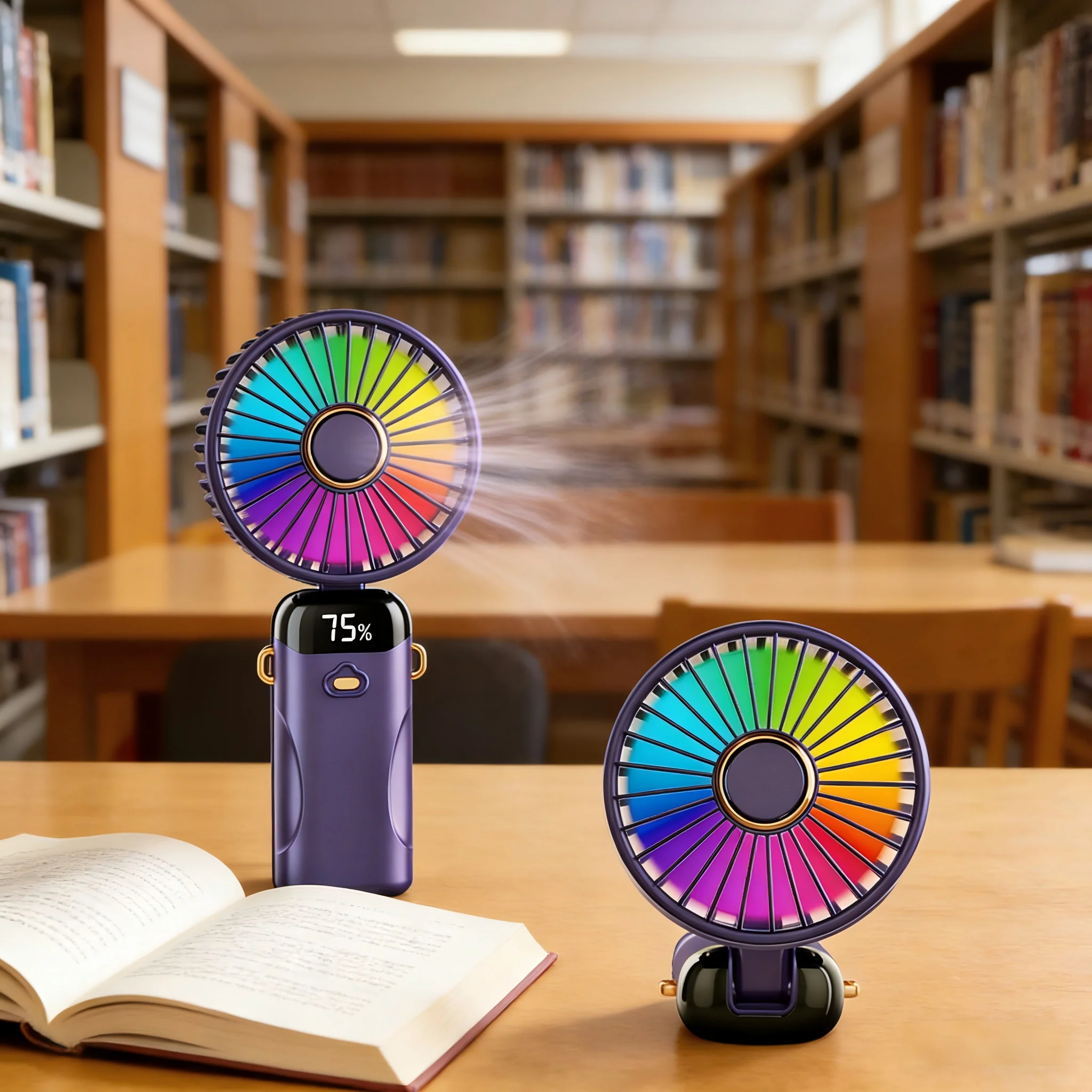 New portable handheld USB charging digital display high-speed small fan with seven-color lights, suitable for indoor and outdoor