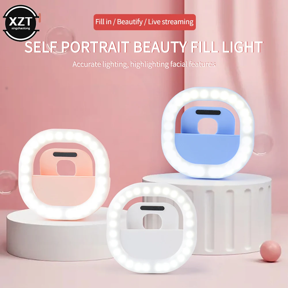 휴대 전화 채우기 빛 LED 링 라이트 Selfie 램프 노트북 휴대 전화에 조정 가능한 밝기 클립 USB 충전식 라운드 라이트