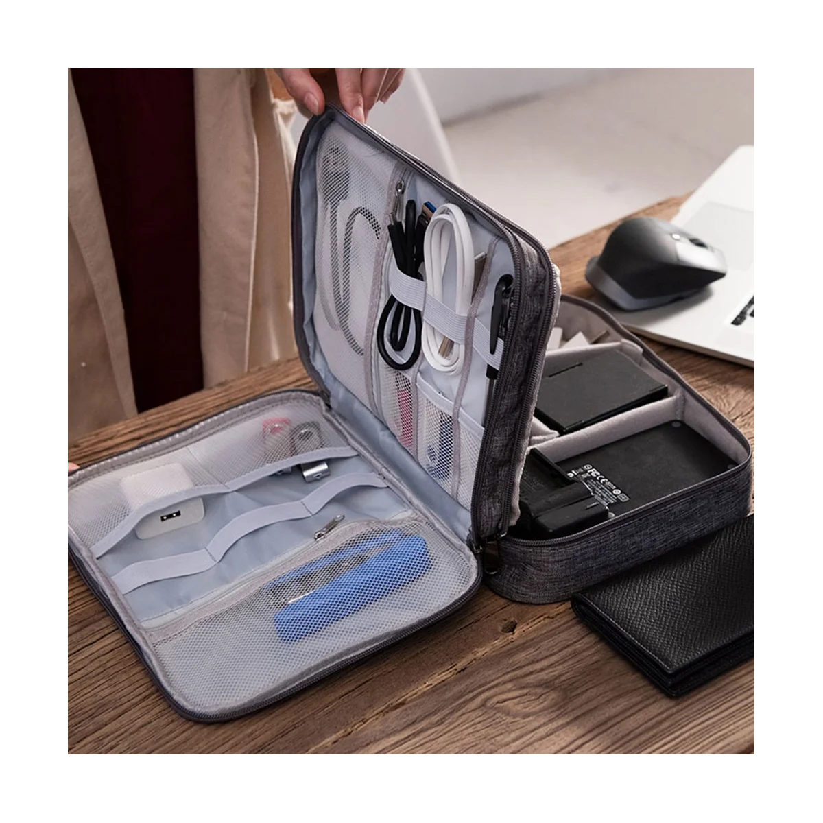 Bolsa de armazenamento multifuncional para cabo de dados, bolsa digital, energia móvel e armazenamento de fones de ouvido, preto, 3 camadas