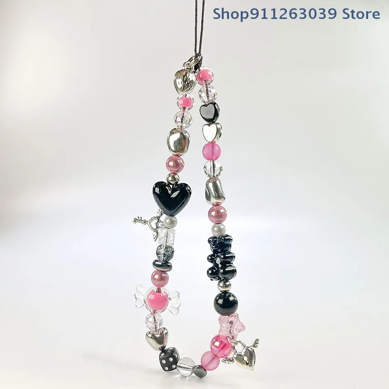 （SS）Y2K Sweet Cool Girls Cellphone Chain Rose Red Beaded Phone Lanyard Ins Style Mobile Phone Charm Keychain Wristband Pendant