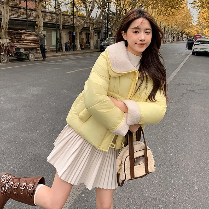 

Chic Turn Down Collar Parkas for Women Winter Zipper Up Short Parka Jacket Woman Sweet Mix Color Warm Cotton Jacket Mujer