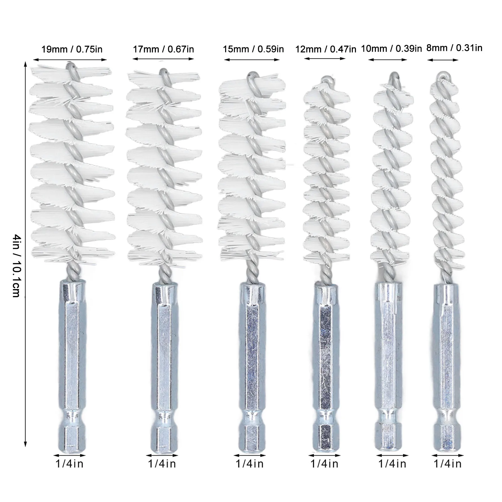 6PCS Bore Brush 4in Drilling Brush Twisted Wire Cleaning Hole Brush 6 Size with 1/4in Hex Shank for Electric Drill Impact Driver