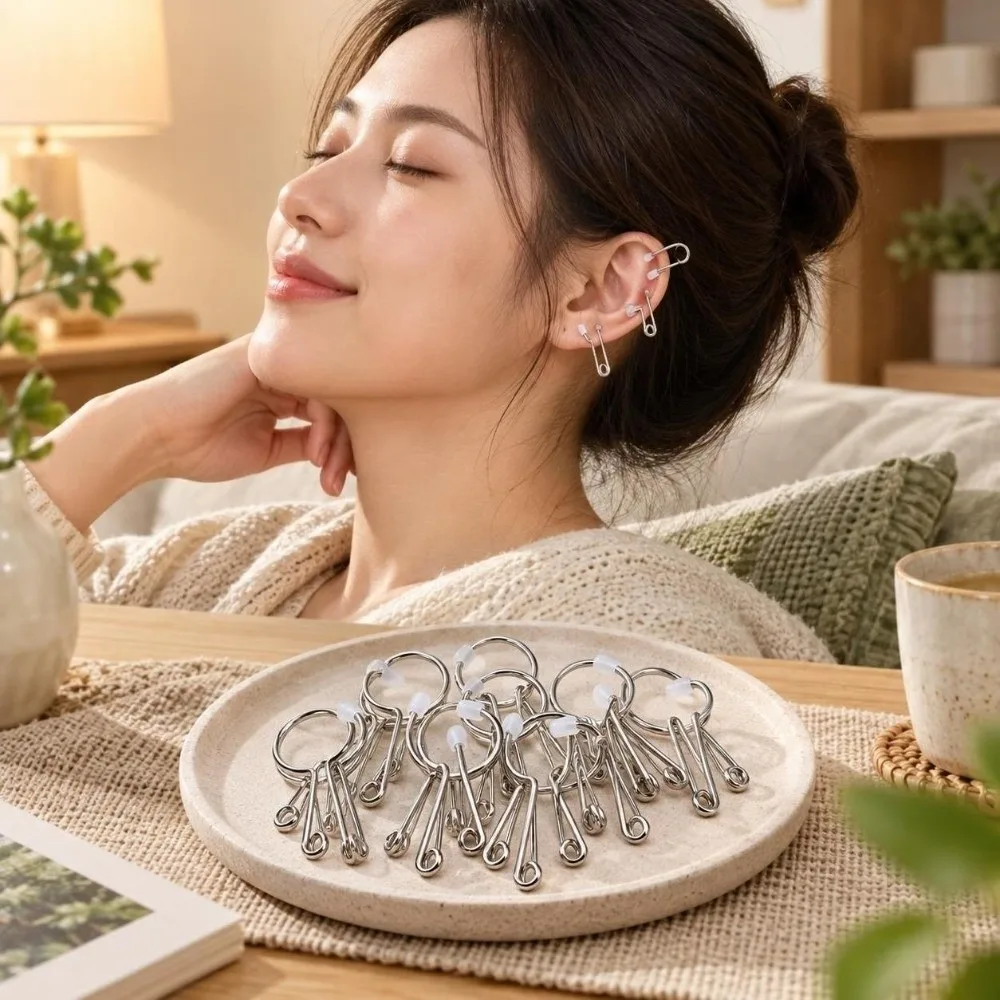 10Pcs Metal Ear Acupressure Clips Silver Tone Loop On Design Ear Therapy Spring Clips Silicone Tip Reusable Ear Massage Tools