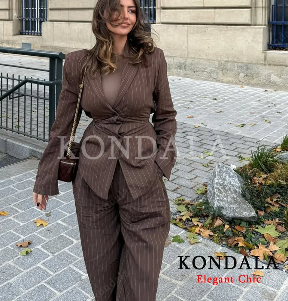 KONDALA Damen-Anzug mit Vintage-Streifen, Gürtel, Blazer oder Hose mit weitem Bein, 2025, Frühling, Herbst, Mode, Party, Abendessen, Urlaub, Damen-Hosen-Set