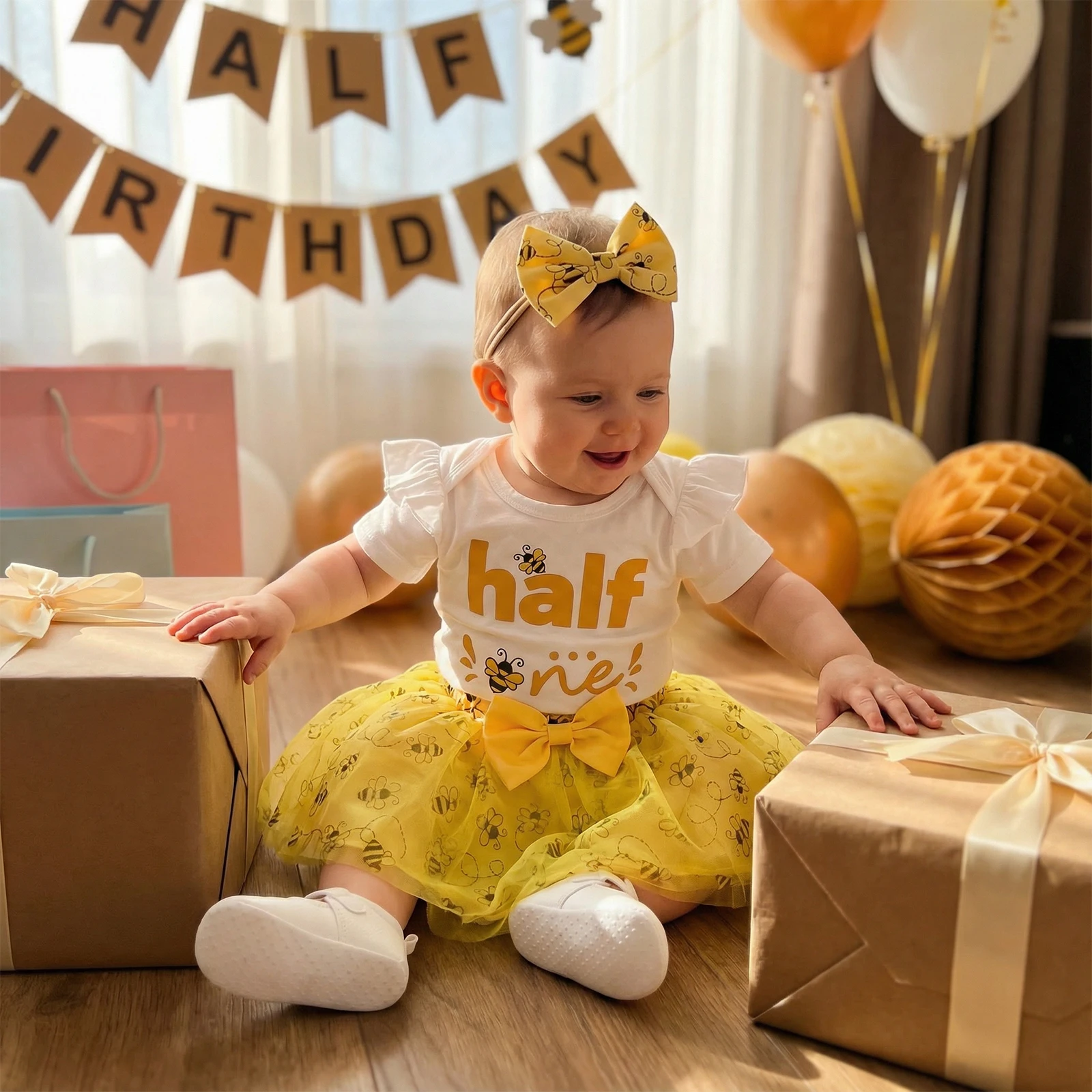 

Baby Girl Half Birthday Outfit Letter Bee Print Short Sleeve Romper Mesh Skirt and Bow Headband 3 Pcs Set
