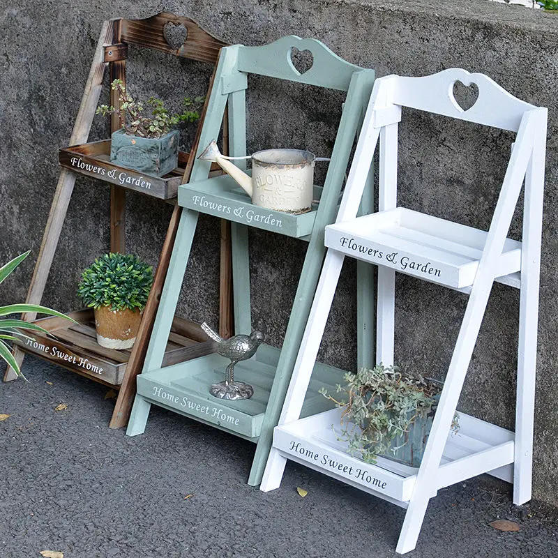 American country vintage solid wood flower rack with several steps and floor-standing multi-layer square racks balcony racks