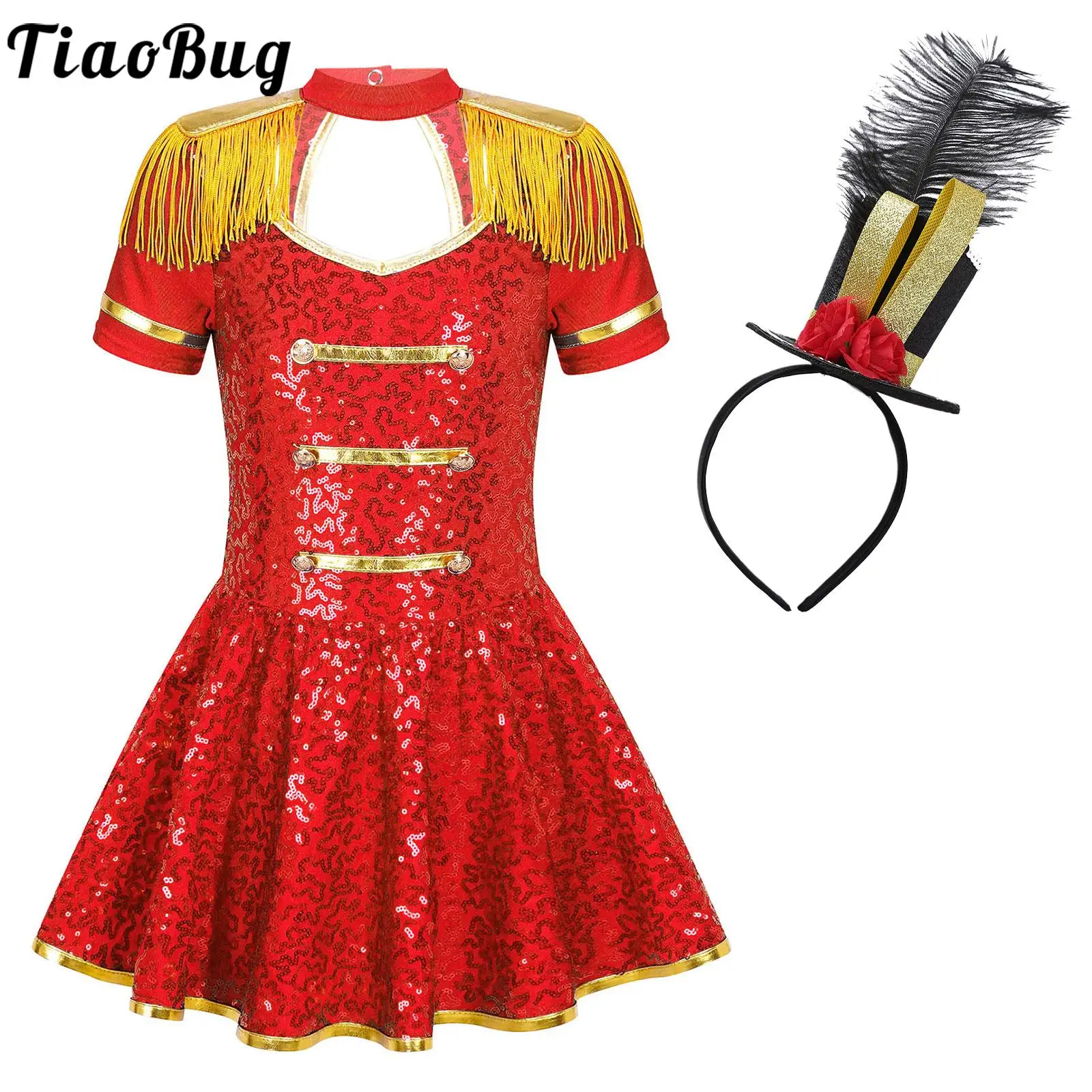 

Kids Girls Red Circus Costumes Role Play Shiny Sequin Tassel Tutu Dress with Mini Hat for Halloween Dance Performance Dress up