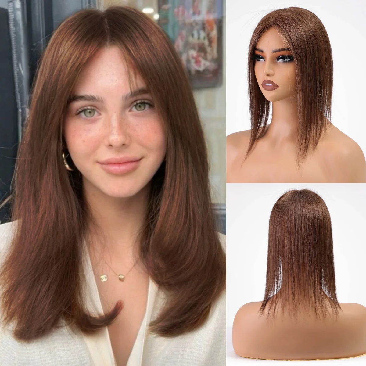 레미 인모 헤어피스 다크 브라운 인모 헤어탑퍼 중간 가르마 스트레이트 헤어 여성 탈모용 4x9cm 실크 베이스 클립형 헤어