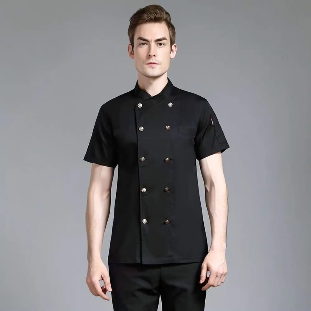 Mens Chef Uniform Breathable Cotton Kitchen Cooking Apparel Elastic Summer Restaurant Catering Waiter Work Jacket Shirt