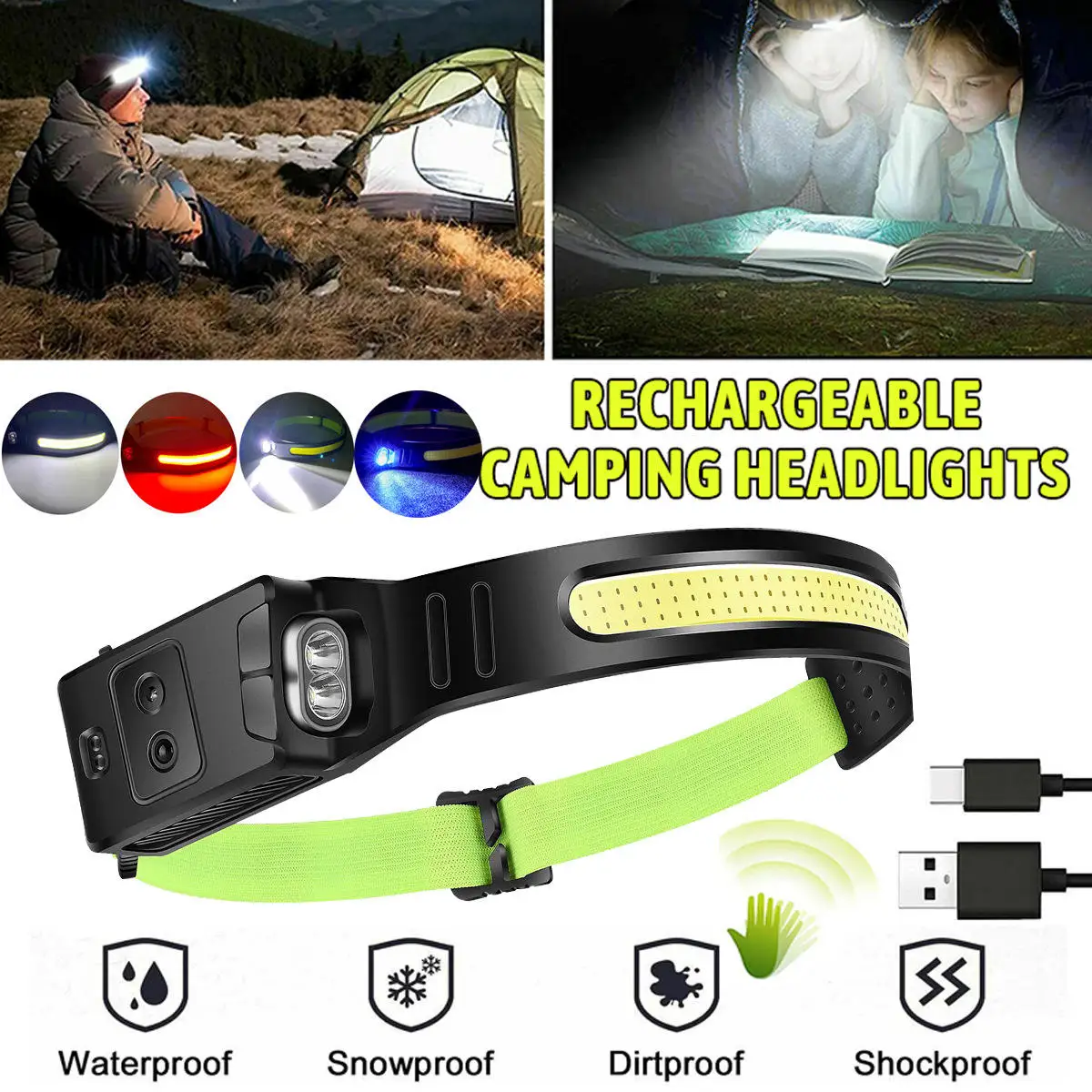 Linterna frontal de silicona Flexible para acampada, faro portátil para exteriores con carga tipo C, iluminación de advertencia roja, amarilla y azul, gran oferta, 2024