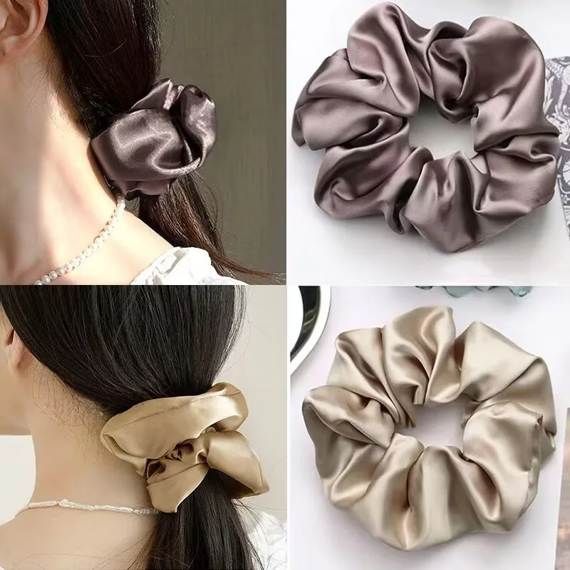 Women Simple Silk Satin Scrunchies Solid Color Big Elastic Rubber Hair Bands Girl Ponytail Holder Hair Ties Rope Gum Accessories