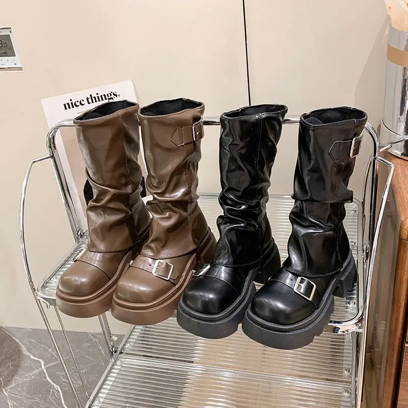 أحذية مارتن نسائية ذات نعل سميك لزيادة الطول، بأسلوب بريطاني، بنية اللون، تصميم قديم، ساق قصيرة، إغلاق بسحاب، كعب مسطح، مناسب...