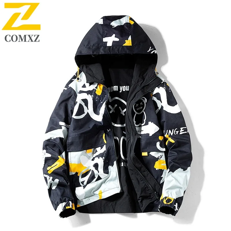 

COMXZ Graffiti Jacket 2025 Korean Fashion Lightweight Windproof Outdoor Hiking Camping Rider Jacket Men Clothing Travel Jacket
