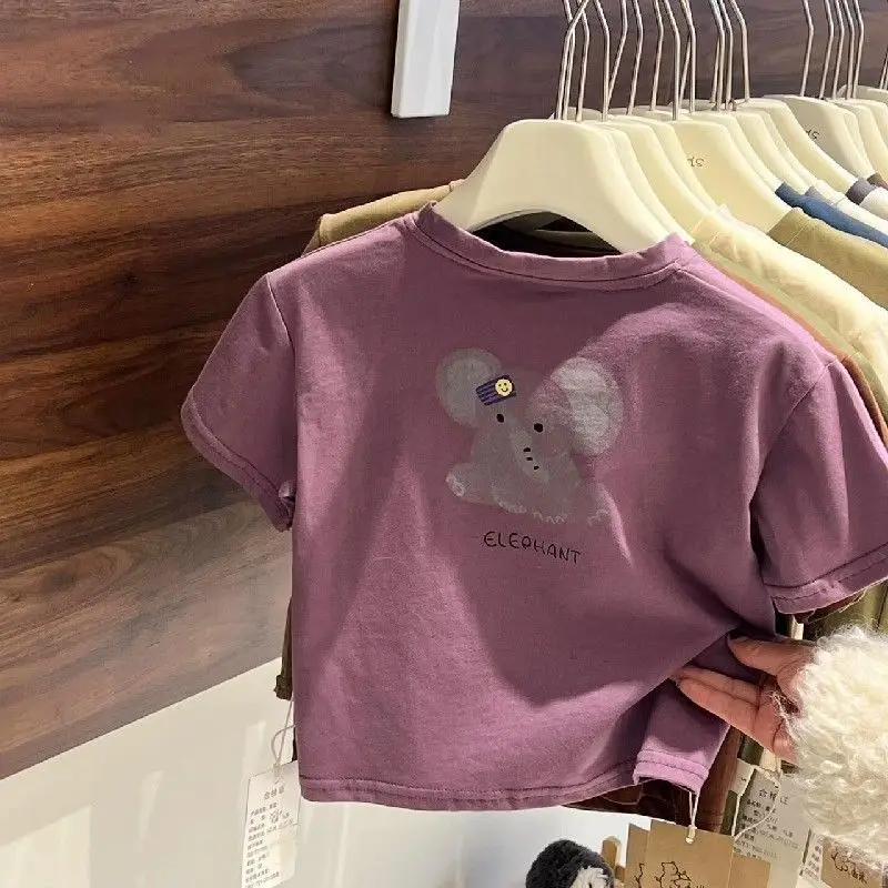 

Children's Cartoon Fuchin Red Short Sleeve T-Shirt 2025 New Cute Elephant Print Versatile Short Sleeve Top for Girls