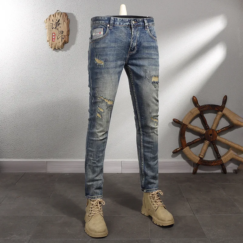 Ripped Jeans Men's Retro Nostalgic Fashion Men's Clothing Street Casual Motorcycle Trousers High Street Slim Skinny Pants