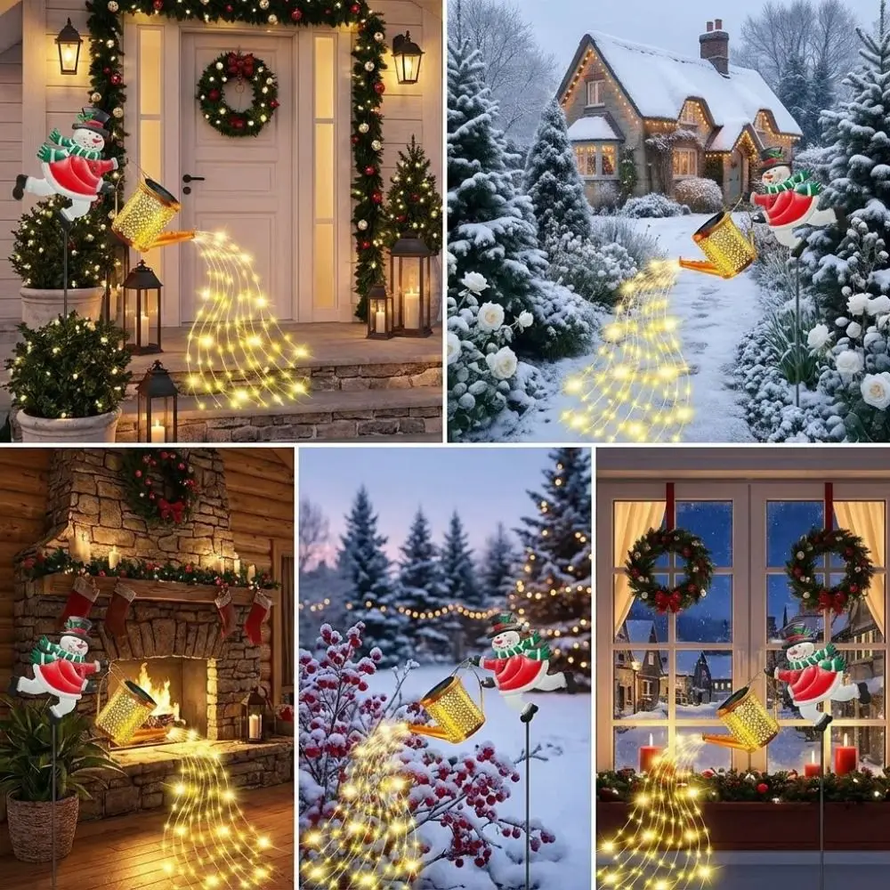 Warm LED String Christmas Snowman Light Metal Construction Hanging Design Snowman Watering Can Decoration Watering Can Shape