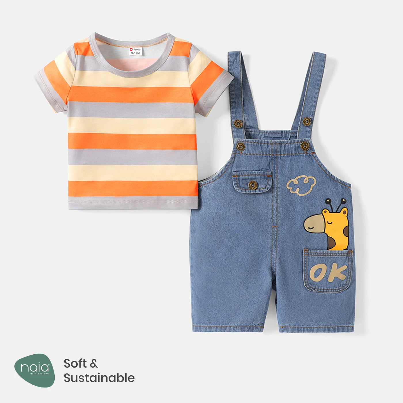 

PatPat 2pcs Baby Boy/Girl 95% Cotton Giraffe Graphic Denim Overalls Shorts and Short-sleeve Striped Naia™ Tee Set