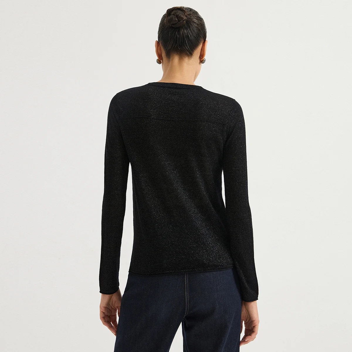 BY3621712 Women's Crew Neck Wool Blend Lurex Knit Long Sleeve Pullover Center Front Chain Slim Fit Metallic Shimmer Early Autumn