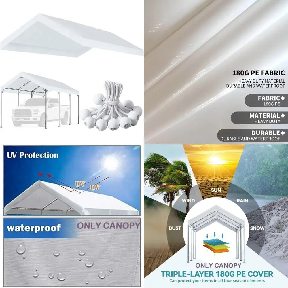 

12'x20' upgraded carport replacement top canopy cover for car garage shelter tent party tent with ball bungees white (only top c