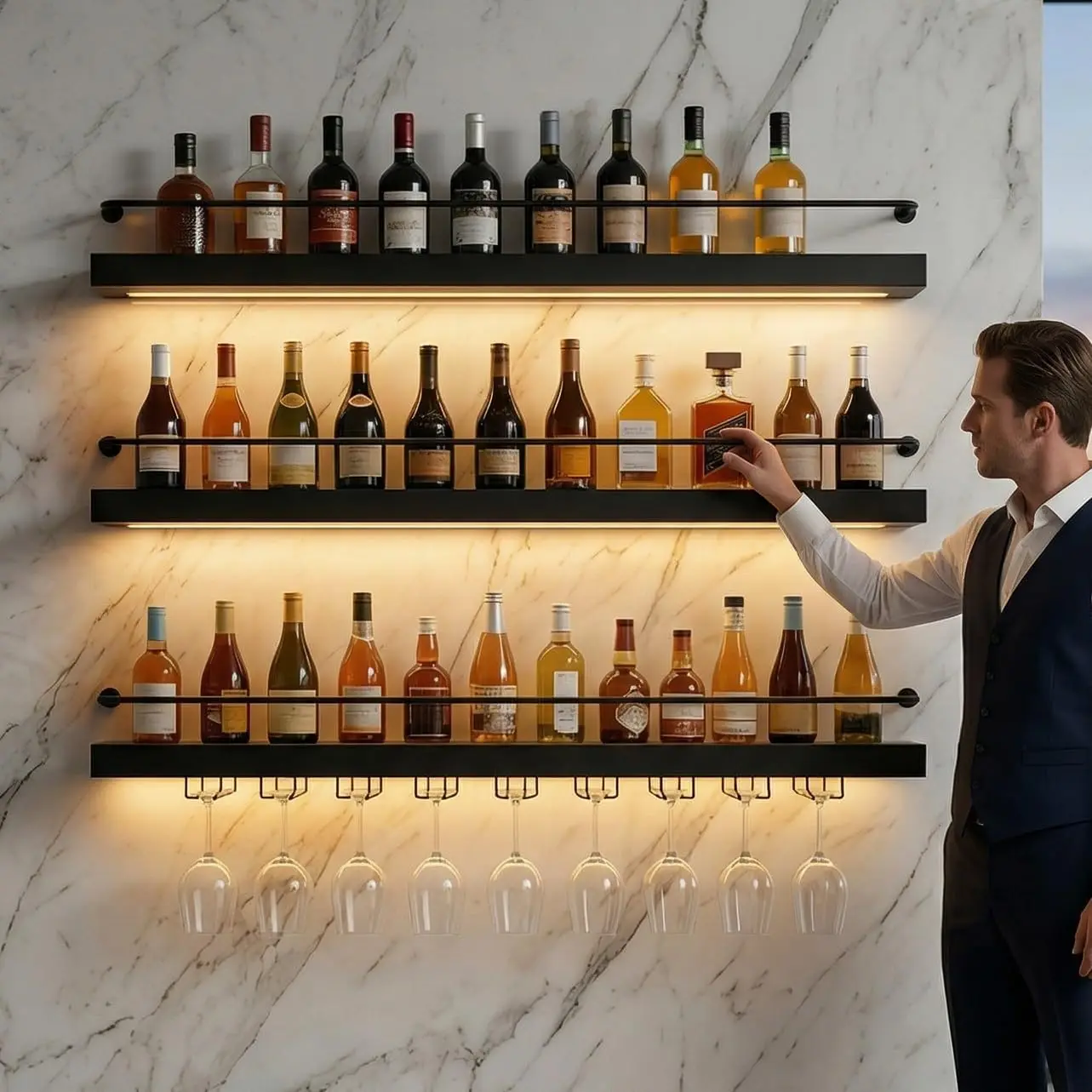 LED-Lighted Wall Mount Wine Rack, Black, 59 Inch/150 cm