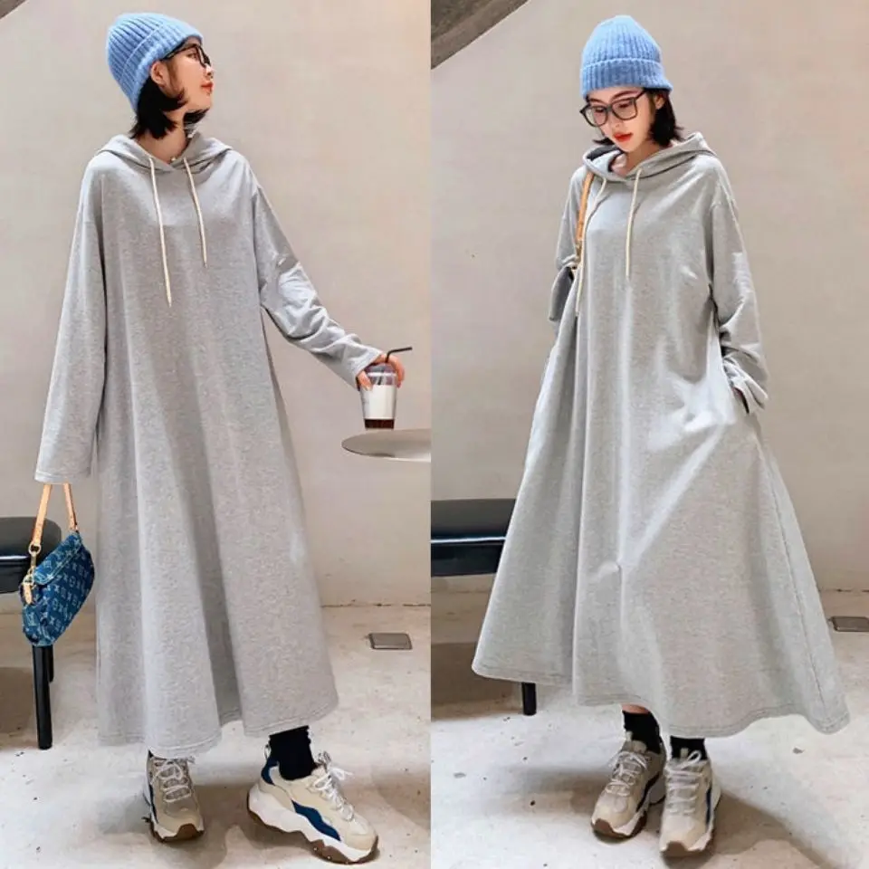 Oversized Autumn 2024 New Casual Korean Solid Color V-neck Long Sleeve Blouse Tshirt Dress Women\'s Simplicity Casual Dresses