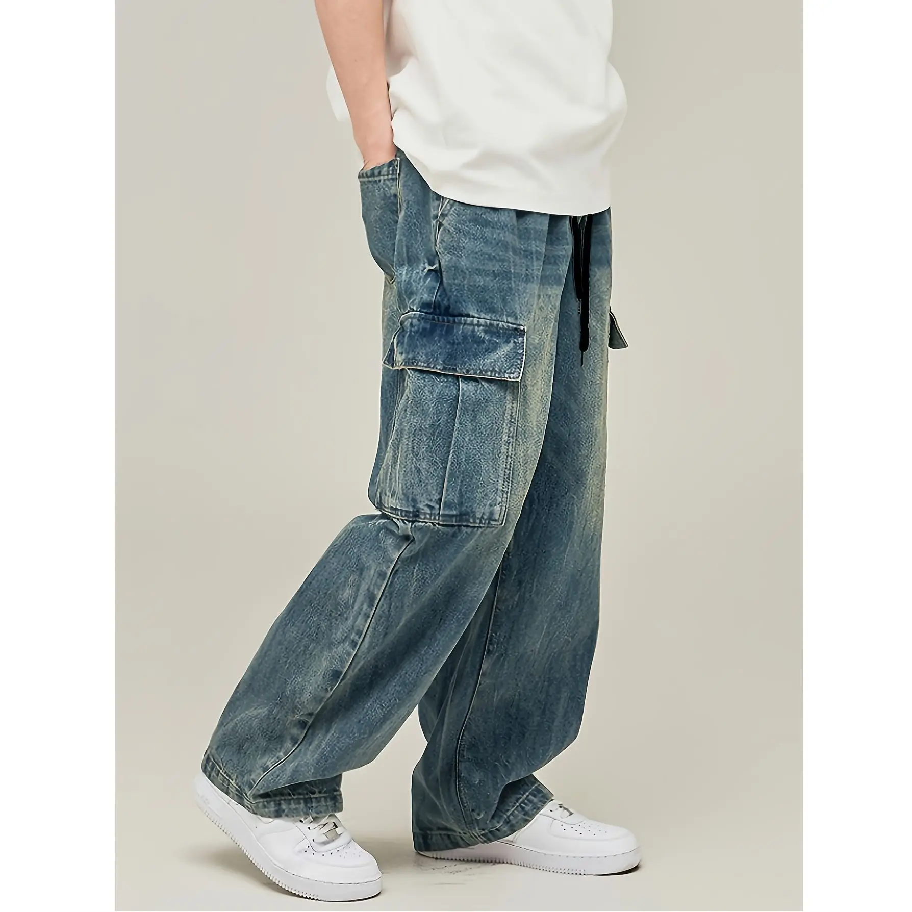 جينز أوروبي وأمريكي بالإضافة إلى ملابس العمل غير الرسمية والعصرية للرجال، سروال فضفاض مستقيم الساق شبابي وعصري واسع الساق