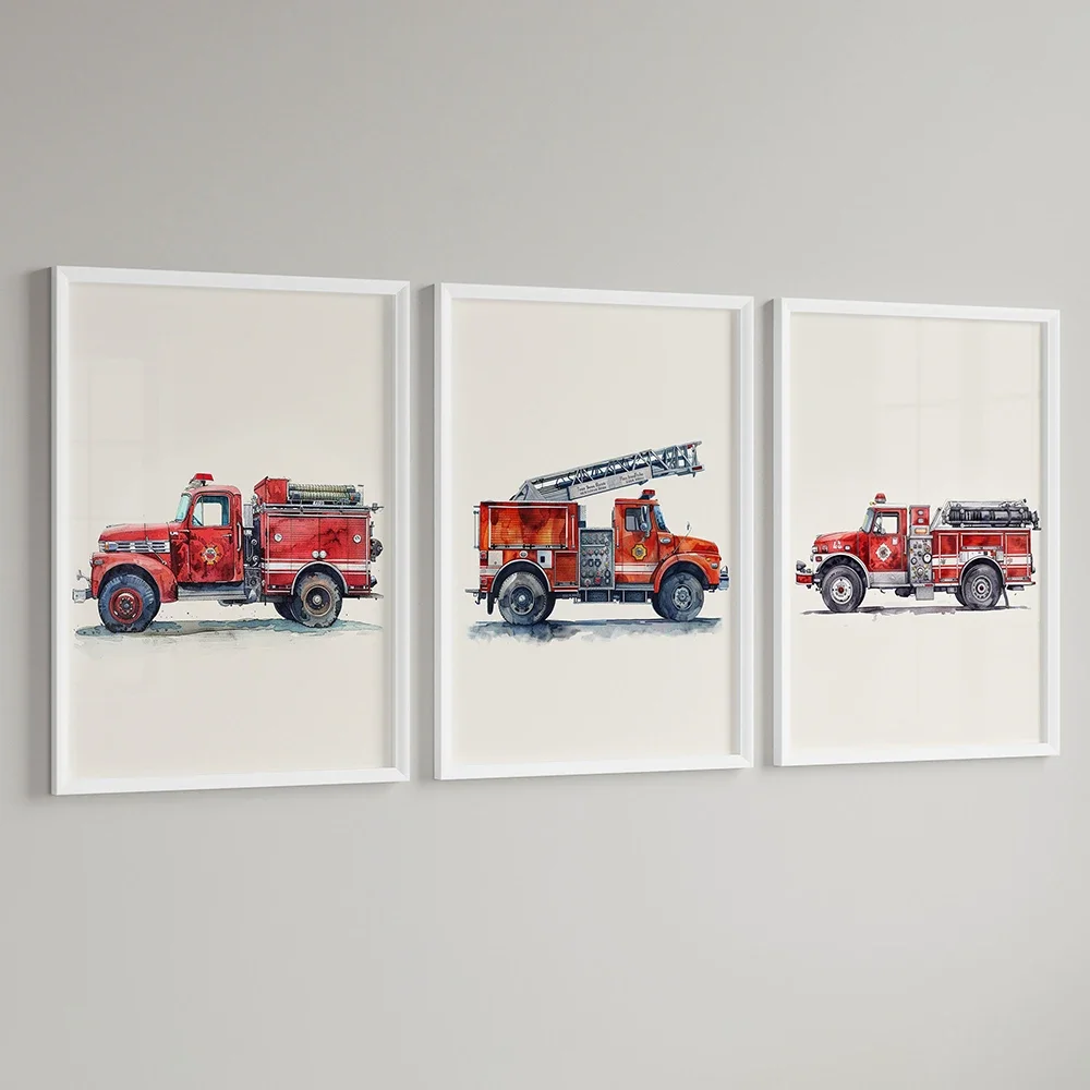 Multiple sizes 3pcs frameless Canvas Painting,3pcs Firetruck Boys Nursery Vintage Wall Art Canvas Little Firefighter Nursery Pri