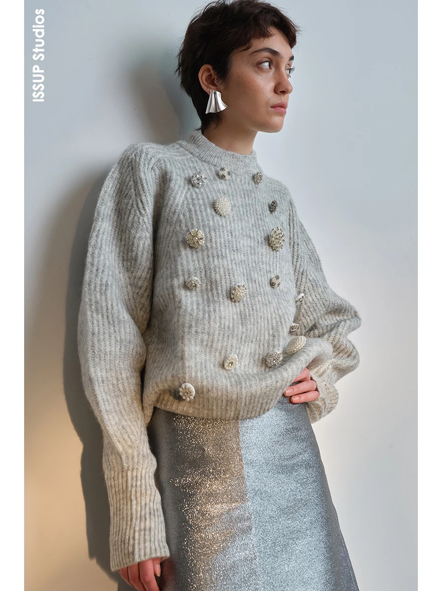 

mat Chic Light ey Pearl Buttoned Wool Camere Sweater by ISSUP STUDIOS Original Design Autumn Winter Faionable