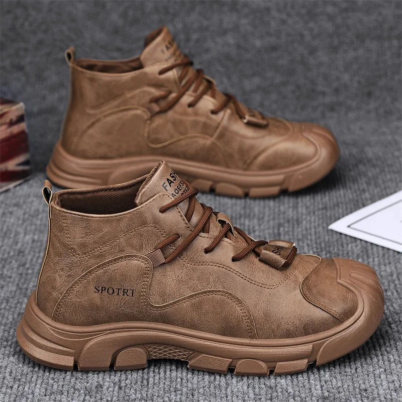 

Коричневая кожаная повседневная обувь для мужчин, ботильоны в стиле ретро, мужские высокие кроссовки, нескользящая рабочая обувь, мужские уличные прогулочные кроссовки