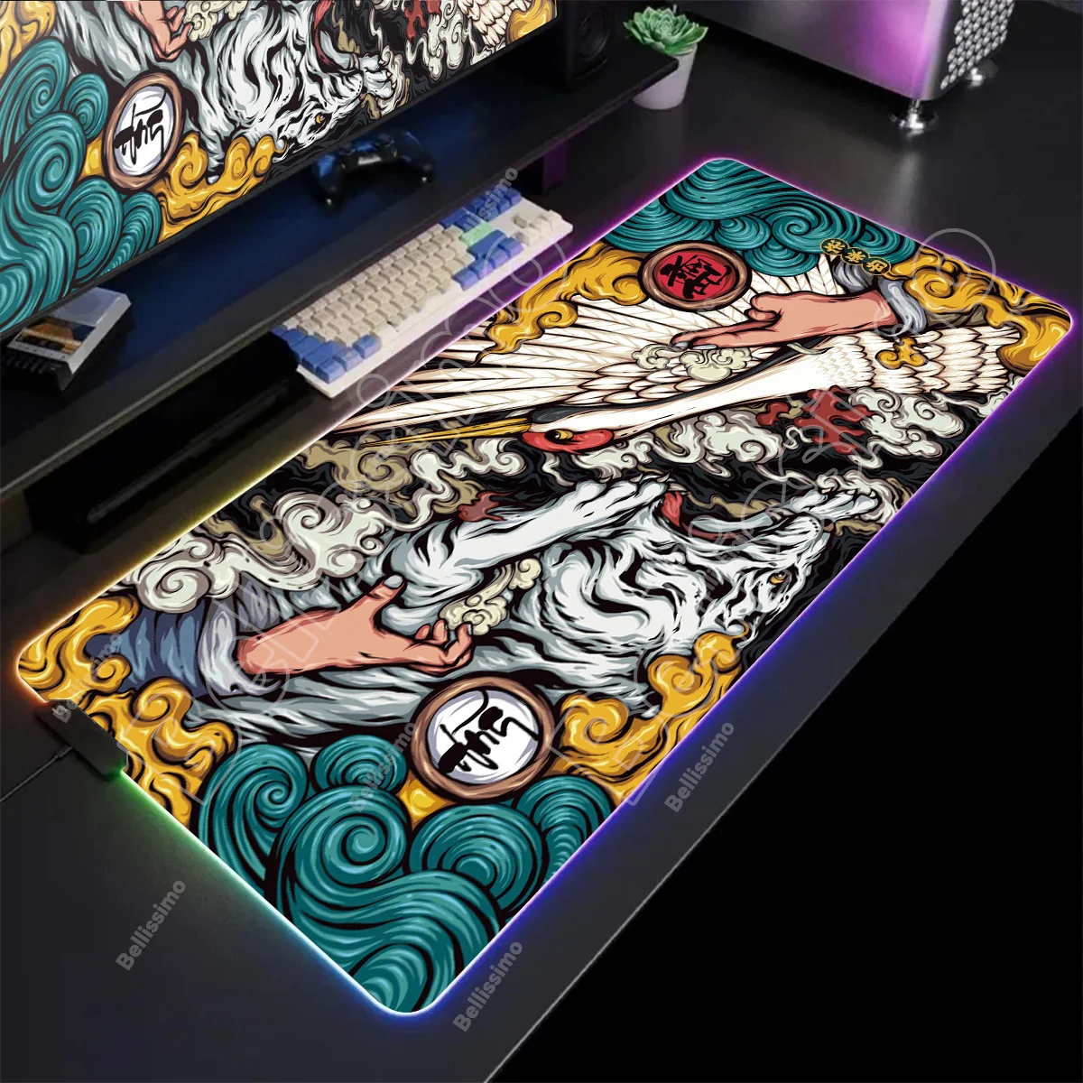 

Large RGB Gamer Mousepad Traditional Chinese painting Mouse Mat Gaming LED Keyboard Mats Luminous Desk Pads Mouse Pad For PC