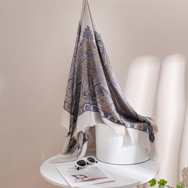 Silk wool large square scarf, light luxury luxury silk scarf, reversible paisley diamond pattern office shawl