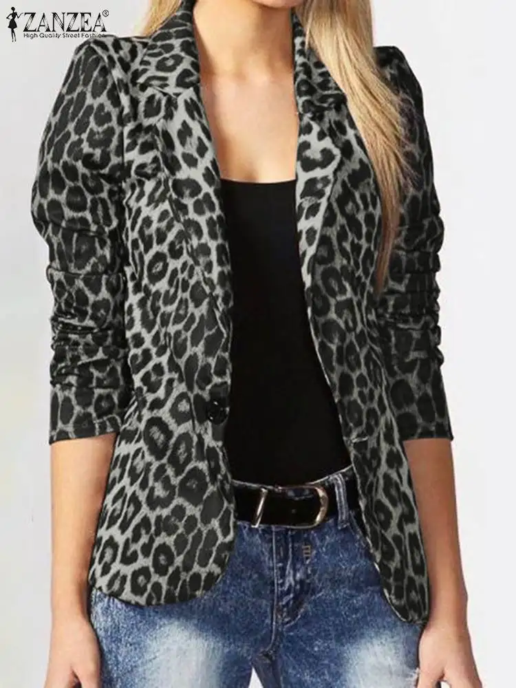 Zanzea Women OL Suits Fashion Leopard Print Office Blazer Button Up Outwears 2024 Autumn Female Leopard Lapel Coats Streetwear